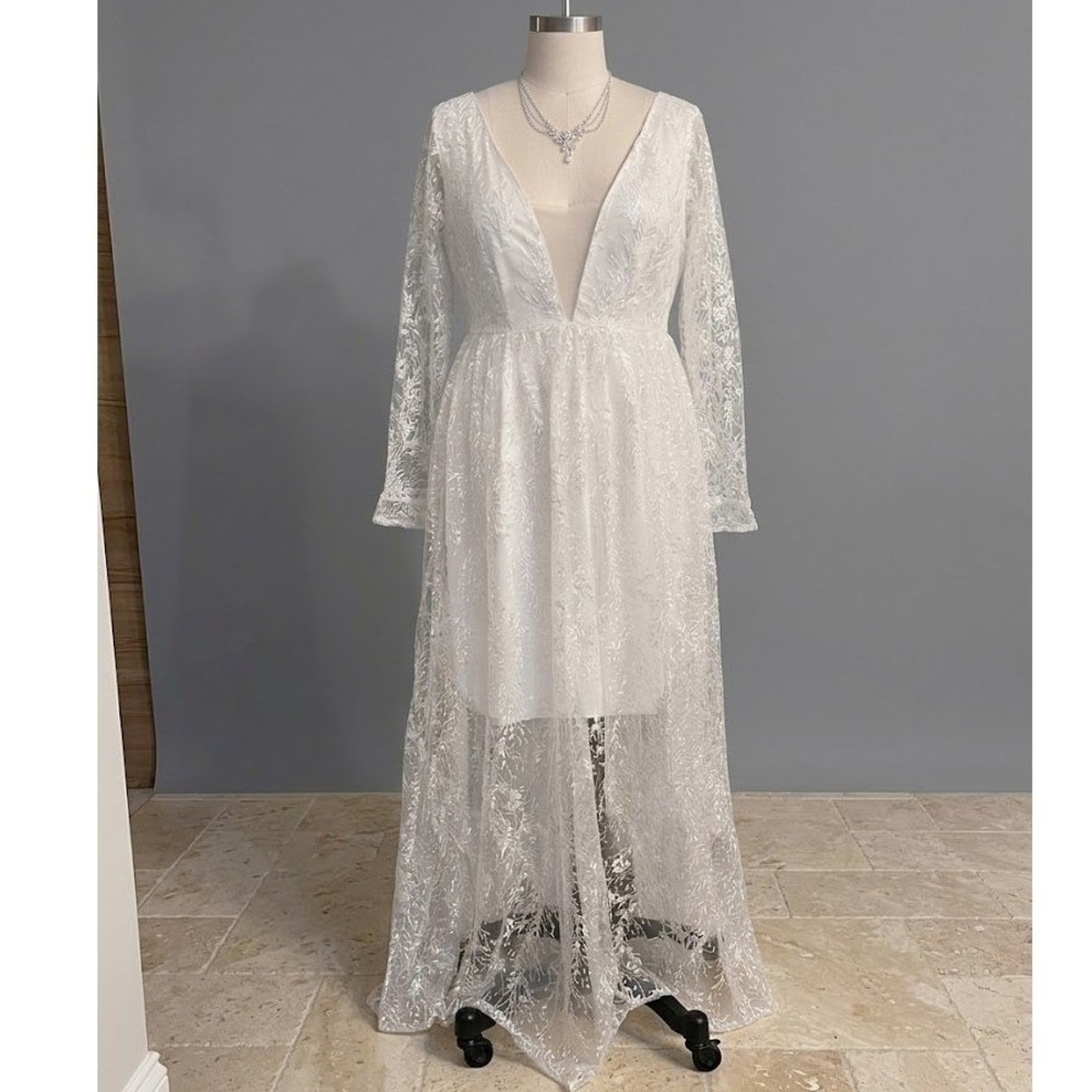 White Floral Lace Mesh Maxi Dress Long Sleeve size Large or XLarge Wedding